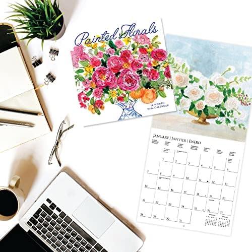 Graphique 2024 צבועים פרחים לוח שנה קיר | 12 x 12 | נייר עבה | מארגן בית ומשרדים | רשת חודשית גדולה